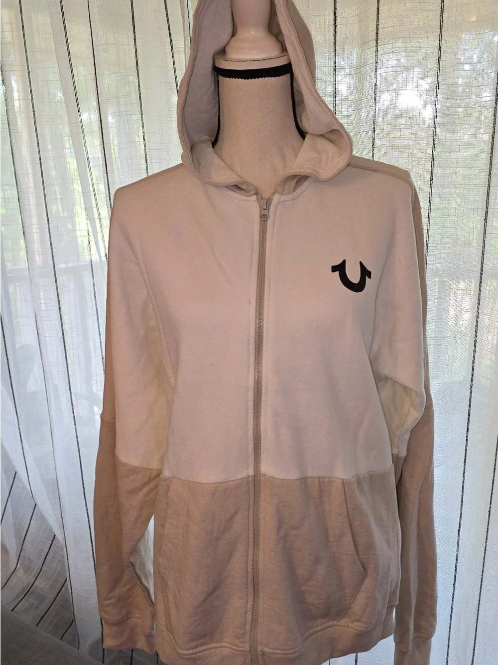 True Religion Two-Tone Cream & Beige Hooded Zip Sweatshirt